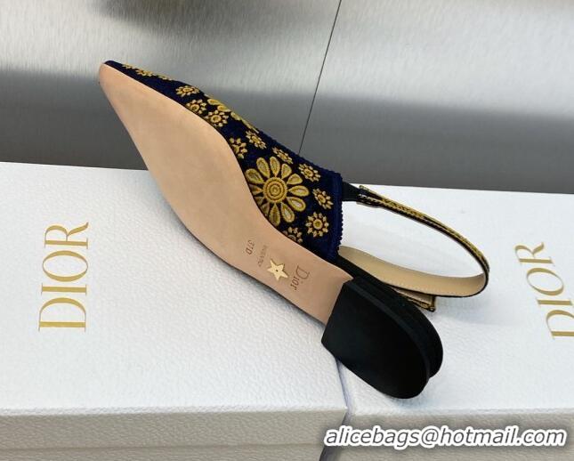 Good Quality Dior J'Adior Slingback Flat in Navy Blue and Yellow Canvas Embroidered with Saint-Gall Motif 071083