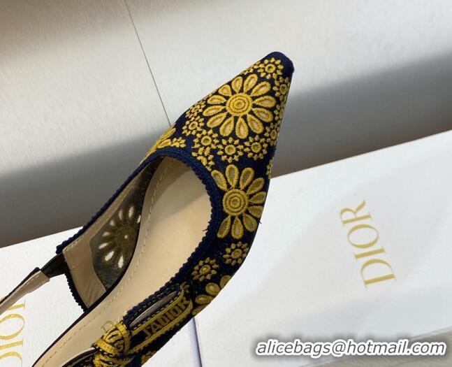 Good Quality Dior J'Adior Slingback Flat in Navy Blue and Yellow Canvas Embroidered with Saint-Gall Motif 071083