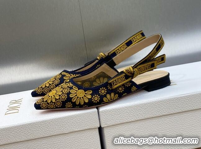 Good Quality Dior J'Adior Slingback Flat in Navy Blue and Yellow Canvas Embroidered with Saint-Gall Motif 071083