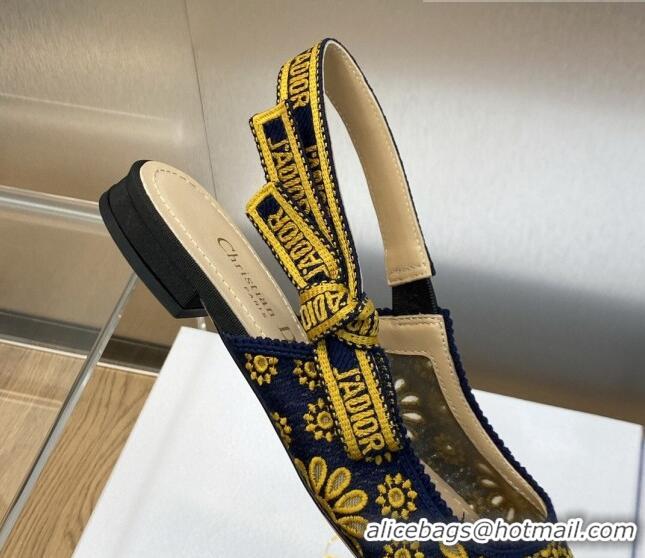 Good Quality Dior J'Adior Slingback Flat in Navy Blue and Yellow Canvas Embroidered with Saint-Gall Motif 071083