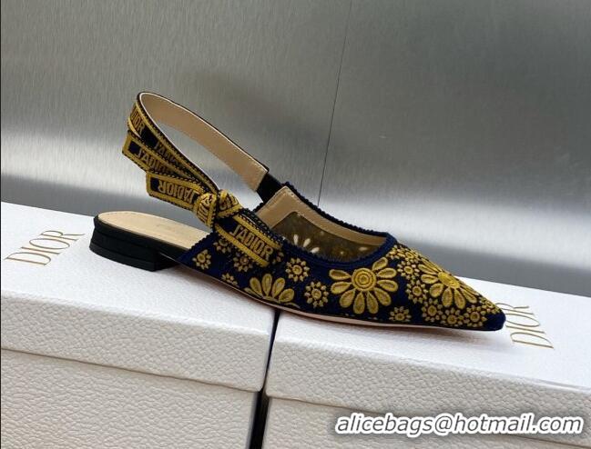 Good Quality Dior J'Adior Slingback Flat in Navy Blue and Yellow Canvas Embroidered with Saint-Gall Motif 071083