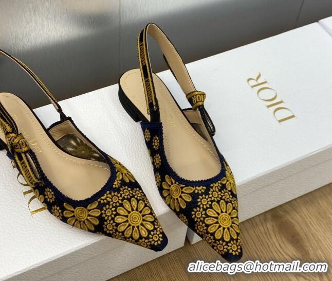 Good Quality Dior J'Adior Slingback Flat in Navy Blue and Yellow Canvas Embroidered with Saint-Gall Motif 071083