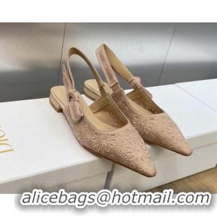 Unique Style Dior J'Adior Slingback Flat in Nude Canvas Embroidered with Saint-Gall Motif 071086