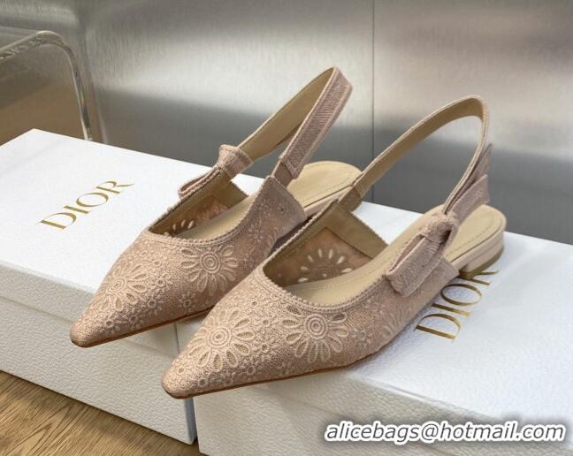 Unique Style Dior J'Adior Slingback Flat in Nude Canvas Embroidered with Saint-Gall Motif 071086