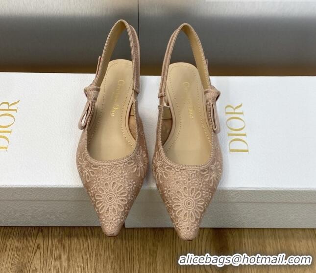 Unique Style Dior J'Adior Slingback Flat in Nude Canvas Embroidered with Saint-Gall Motif 071086