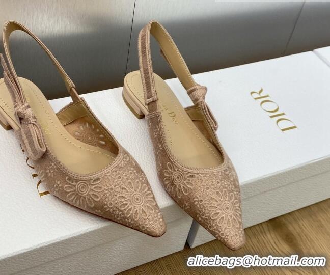 Unique Style Dior J'Adior Slingback Flat in Nude Canvas Embroidered with Saint-Gall Motif 071086