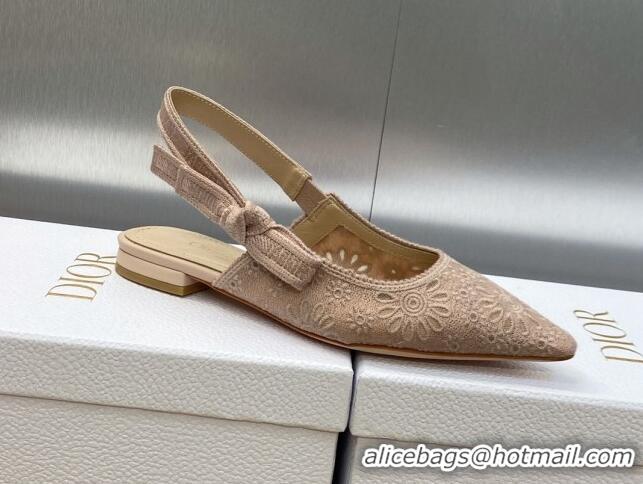 Unique Style Dior J'Adior Slingback Flat in Nude Canvas Embroidered with Saint-Gall Motif 071086