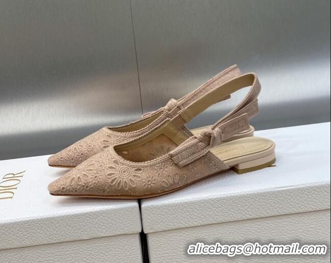 Unique Style Dior J'Adior Slingback Flat in Nude Canvas Embroidered with Saint-Gall Motif 071086