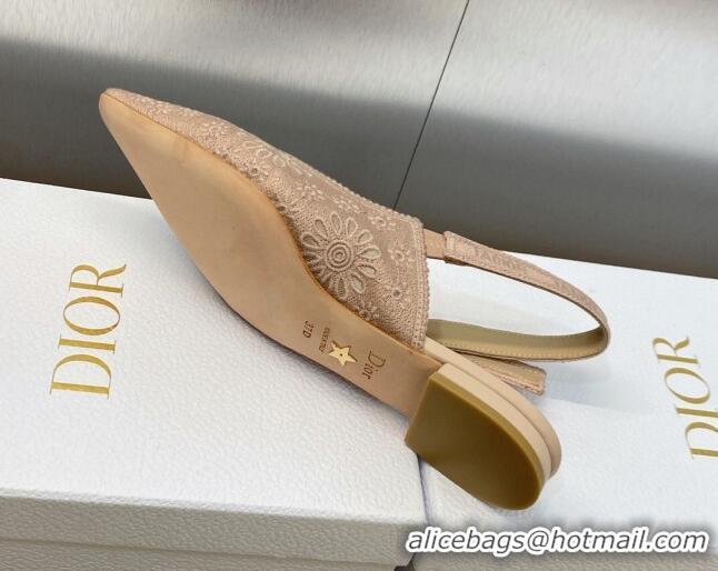 Unique Style Dior J'Adior Slingback Flat in Nude Canvas Embroidered with Saint-Gall Motif 071086