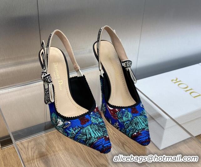 Low Cost Dior J'Adior Slingback Pumps 9.5cm in Cobalt Blue Multicolor Embroidered Cotton with Toile de Jouy Voyage Motif