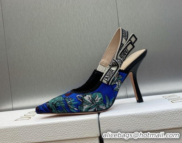 Low Cost Dior J'Adior Slingback Pumps 9.5cm in Cobalt Blue Multicolor Embroidered Cotton with Toile de Jouy Voyage Motif