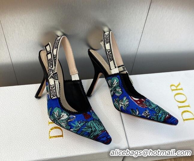 Low Cost Dior J'Adior Slingback Pumps 9.5cm in Cobalt Blue Multicolor Embroidered Cotton with Toile de Jouy Voyage Motif