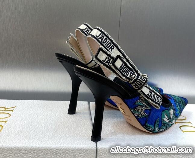 Low Cost Dior J'Adior Slingback Pumps 9.5cm in Cobalt Blue Multicolor Embroidered Cotton with Toile de Jouy Voyage Motif