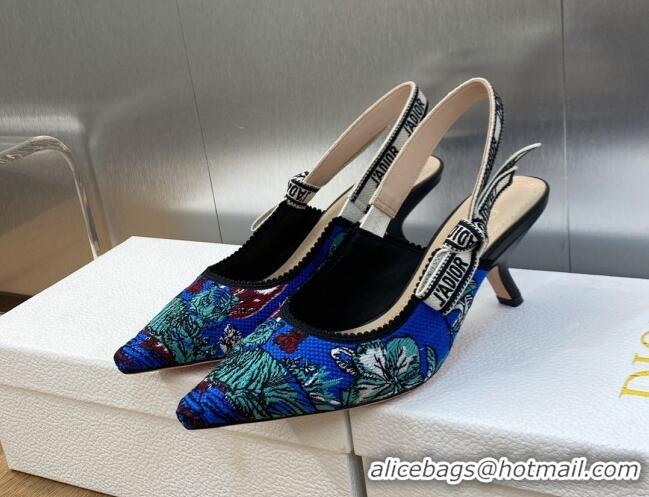 Charming Dior J'Adior Slingback Pumps 6.5cm in Cobalt Blue Multicolor Embroidered Cotton with Toile de Jouy Voyage Motif