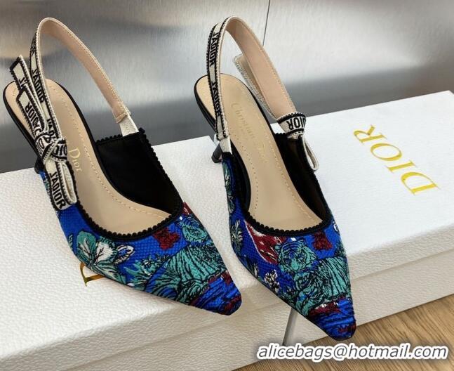 Charming Dior J'Adior Slingback Pumps 6.5cm in Cobalt Blue Multicolor Embroidered Cotton with Toile de Jouy Voyage Motif