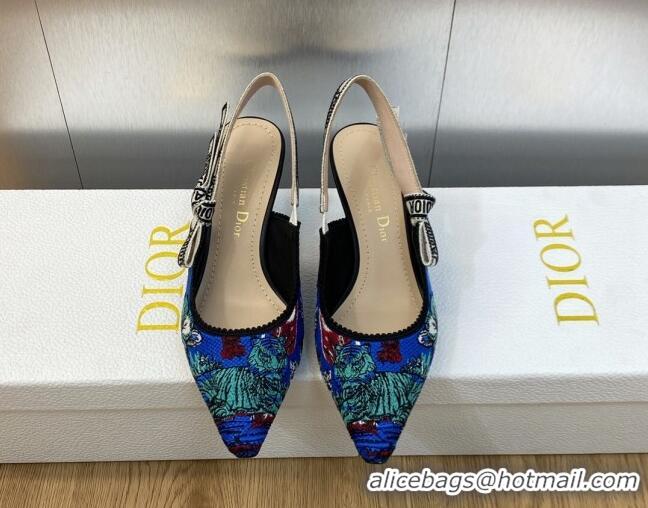 Charming Dior J'Adior Slingback Pumps 6.5cm in Cobalt Blue Multicolor Embroidered Cotton with Toile de Jouy Voyage Motif