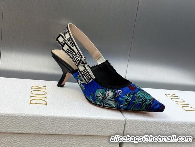 Charming Dior J'Adior Slingback Pumps 6.5cm in Cobalt Blue Multicolor Embroidered Cotton with Toile de Jouy Voyage Motif