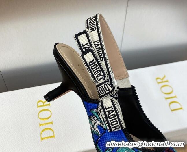 Charming Dior J'Adior Slingback Pumps 6.5cm in Cobalt Blue Multicolor Embroidered Cotton with Toile de Jouy Voyage Motif