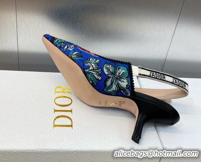 Charming Dior J'Adior Slingback Pumps 6.5cm in Cobalt Blue Multicolor Embroidered Cotton with Toile de Jouy Voyage Motif