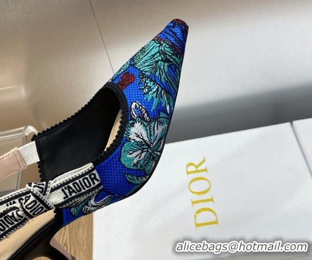 Charming Dior J'Adior Slingback Pumps 6.5cm in Cobalt Blue Multicolor Embroidered Cotton with Toile de Jouy Voyage Motif