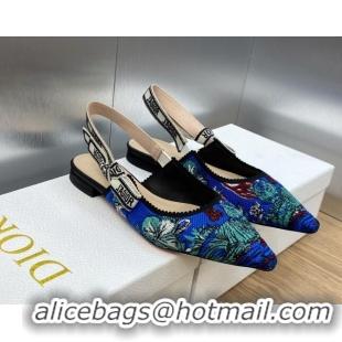 Luxury Discount Dior J'Adior Slingback Flat in Cobalt Blue Multicolor Embroidered Cotton with Toile de Jouy Voyage Motif