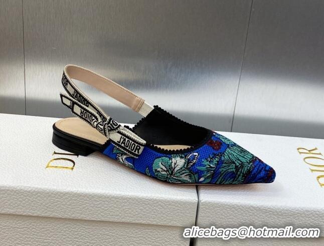 Luxury Discount Dior J'Adior Slingback Flat in Cobalt Blue Multicolor Embroidered Cotton with Toile de Jouy Voyage Motif