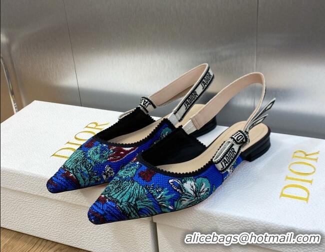 Luxury Discount Dior J'Adior Slingback Flat in Cobalt Blue Multicolor Embroidered Cotton with Toile de Jouy Voyage Motif