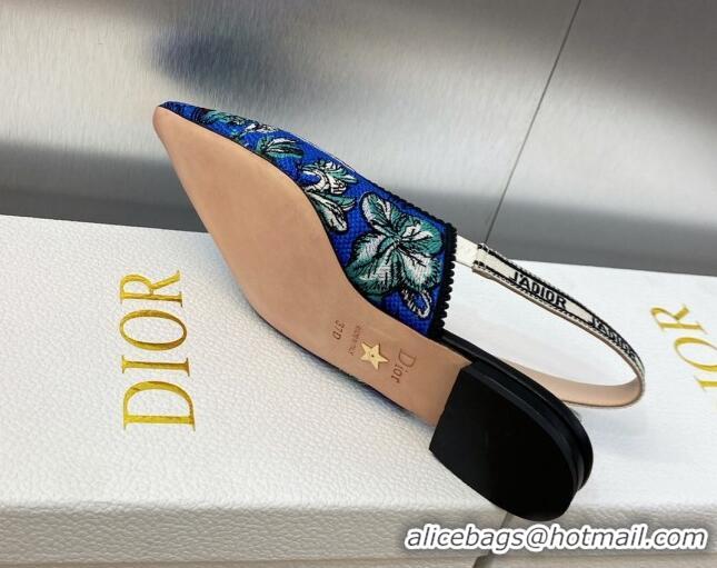 Luxury Discount Dior J'Adior Slingback Flat in Cobalt Blue Multicolor Embroidered Cotton with Toile de Jouy Voyage Motif