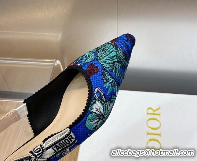 Luxury Discount Dior J'Adior Slingback Flat in Cobalt Blue Multicolor Embroidered Cotton with Toile de Jouy Voyage Motif