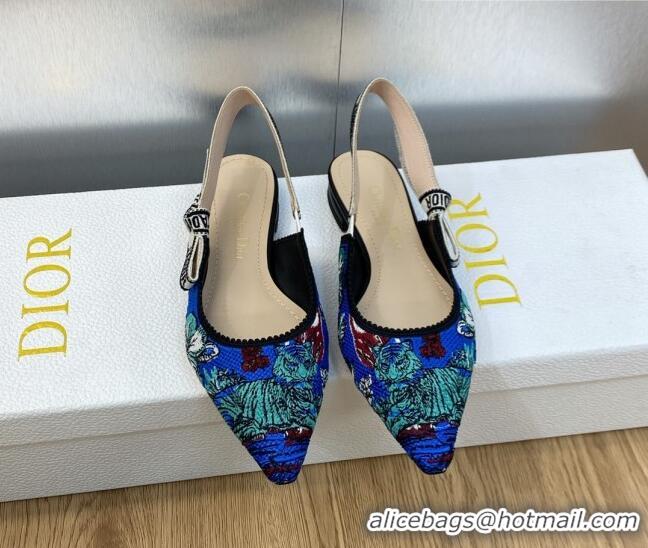 Luxury Discount Dior J'Adior Slingback Flat in Cobalt Blue Multicolor Embroidered Cotton with Toile de Jouy Voyage Motif