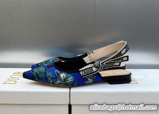 Luxury Discount Dior J'Adior Slingback Flat in Cobalt Blue Multicolor Embroidered Cotton with Toile de Jouy Voyage Motif