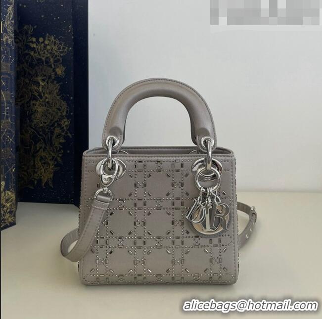 Top Quality Dior Mini Lady Dior Bag in Crystal Cannage Silk CD8041 Grey 2023