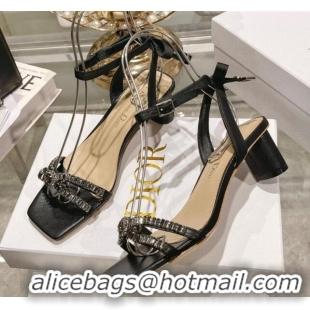 Grade Dior Sunset Heeled Sandals 4.5cm in Lambskin and Crystals Black 718079