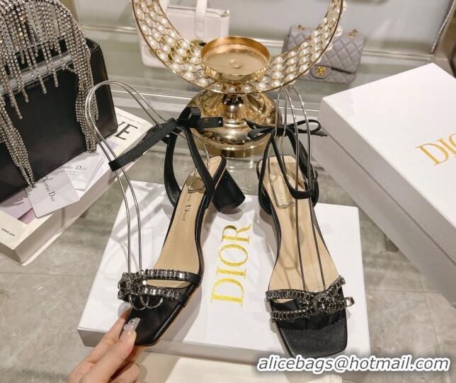 Grade Dior Sunset Heeled Sandals 4.5cm in Lambskin and Crystals Black 718079