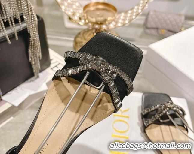 Grade Dior Sunset Heeled Sandals 4.5cm in Lambskin and Crystals Black 718079