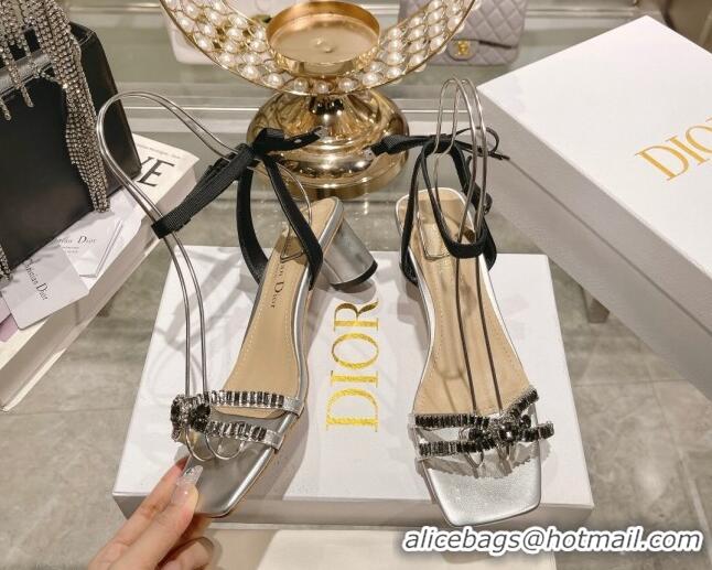 Stylish Dior Sunset Heeled Sandals 4.5cm in Lambskin and Crystals Silver 0718081