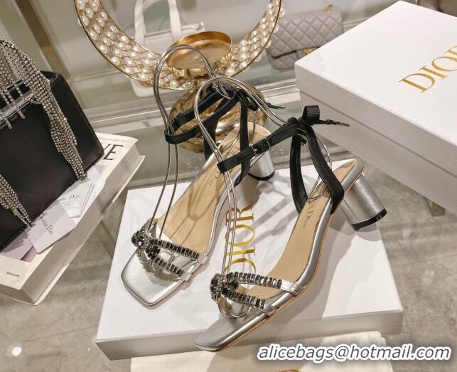 Stylish Dior Sunset Heeled Sandals 4.5cm in Lambskin and Crystals Silver 0718081