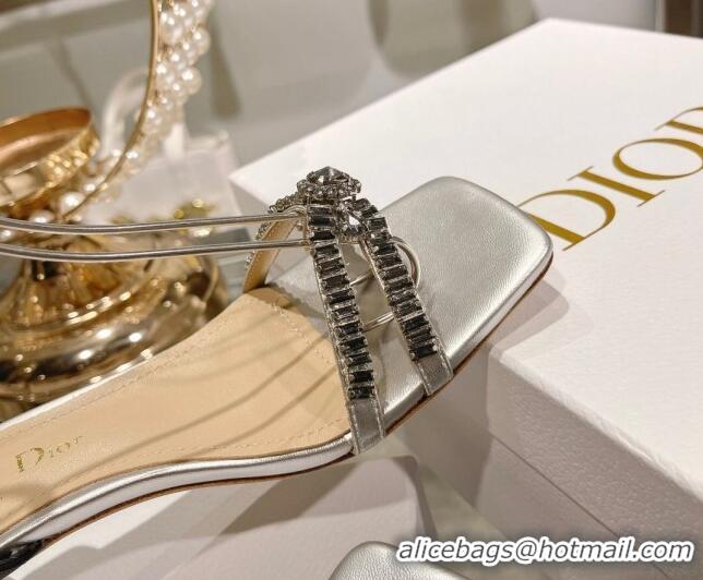 Stylish Dior Sunset Heeled Sandals 4.5cm in Lambskin and Crystals Silver 0718081