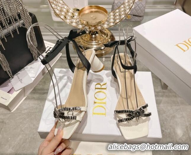 Durable Dior Sunset Heeled Sandals 4.5cm in Lambskin and Crystals White 718082