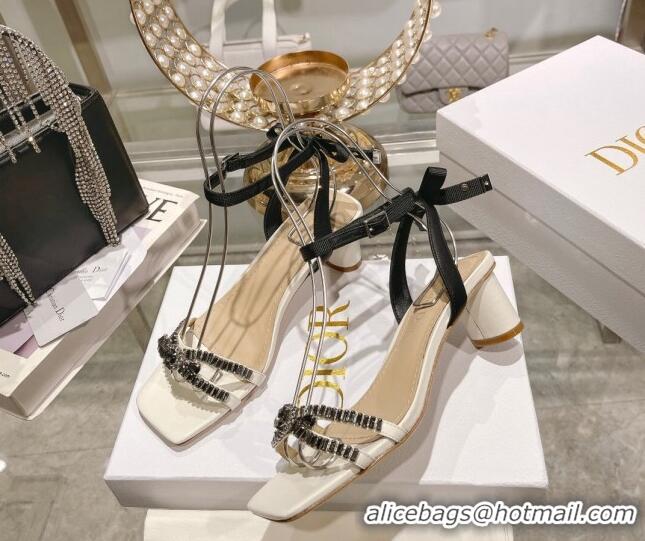 Durable Dior Sunset Heeled Sandals 4.5cm in Lambskin and Crystals White 718082