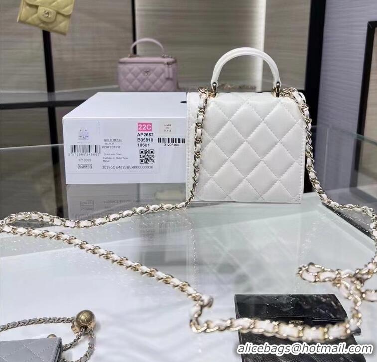 ​High Quality Chanel 22P Quilted Lambskin Top Handle Clutch On Chain AP8795 White