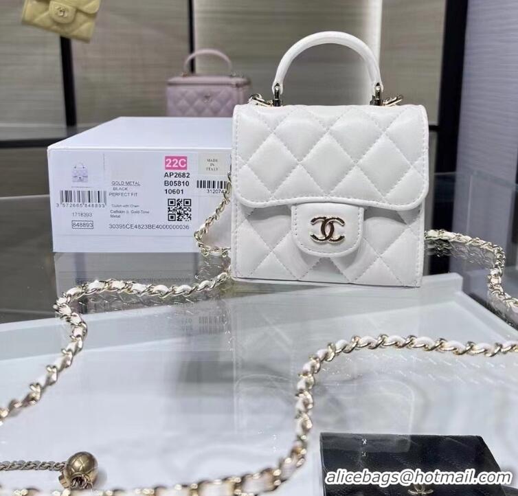 ​High Quality Chanel 22P Quilted Lambskin Top Handle Clutch On Chain AP8795 White