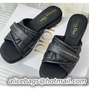 Grade Quality Dior Foldover Flat Slide Sandals in Cannage Lambskin Black 724063