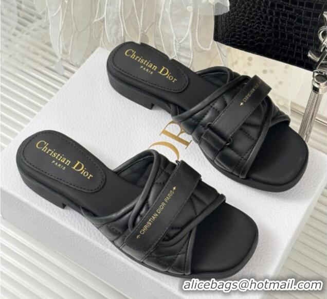 Grade Quality Dior Foldover Flat Slide Sandals in Cannage Lambskin Black 724063