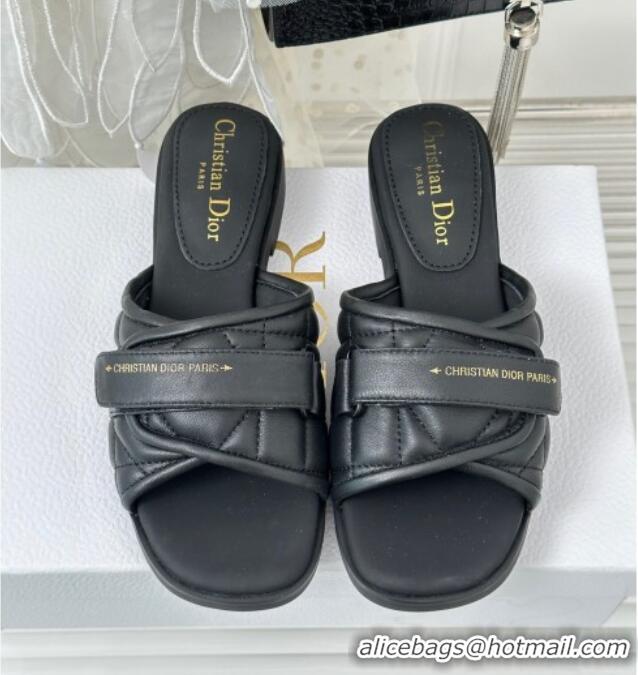 Grade Quality Dior Foldover Flat Slide Sandals in Cannage Lambskin Black 724063