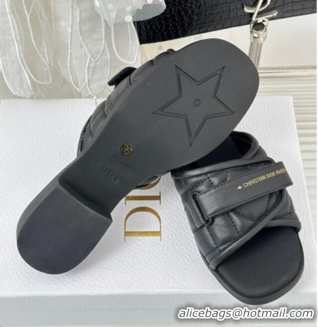 Grade Quality Dior Foldover Flat Slide Sandals in Cannage Lambskin Black 724063