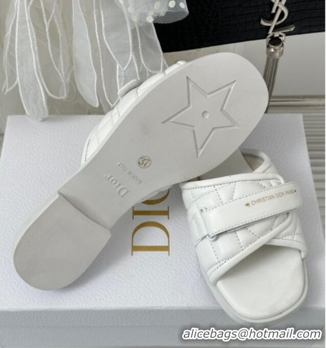 Sumptuous Dior Foldover Flat Slide Sandals in Cannage Lambskin White 724064