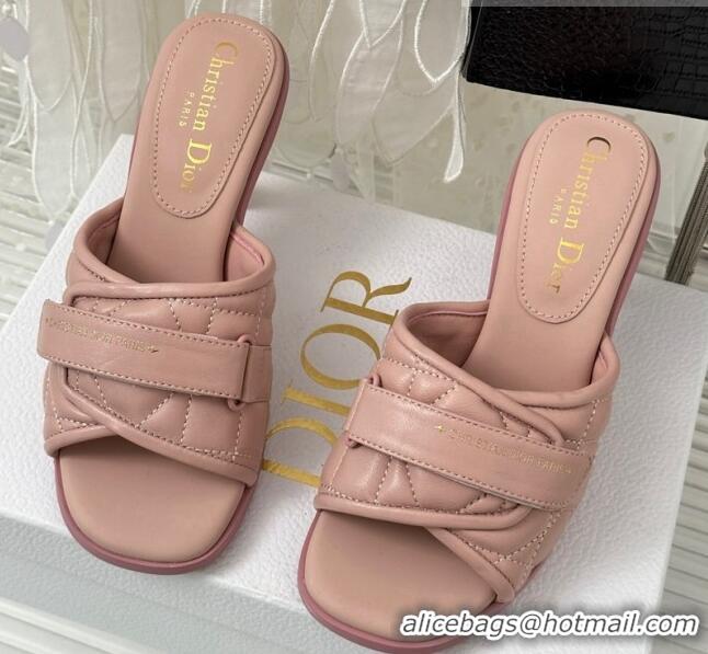 Fashion Dior Foldover Heel Slide Sandals 8cm in Cannage Lambskin Light Pink 0724071