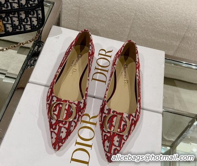 Luxury Discount Dior Oblique Canvas Pointed Ballet Flat Red 724074