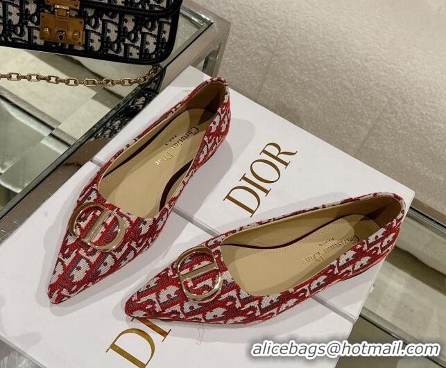 Luxury Discount Dior Oblique Canvas Pointed Ballet Flat Red 724074